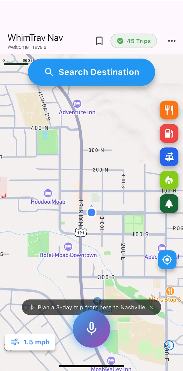 WhimTrav main map centered on Moab, Utah, with the Search Destination button, five nearby-search buttons and the microphone button