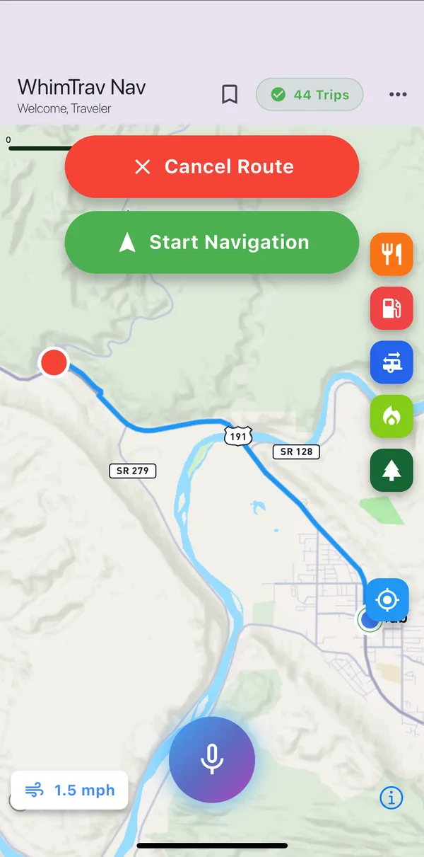 A route from Moab to Arches National Park drawn on the map with Cancel Route and Start Navigation buttons
