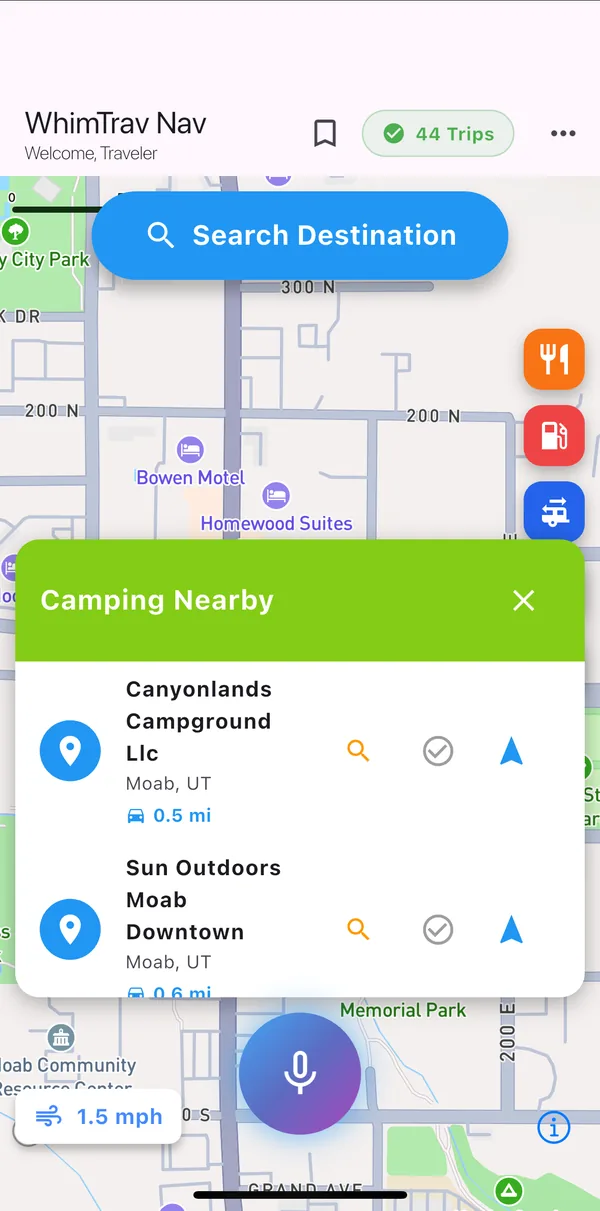 Camping Nearby list showing two Moab campgrounds half a mile away, each with search, verify and navigate buttons