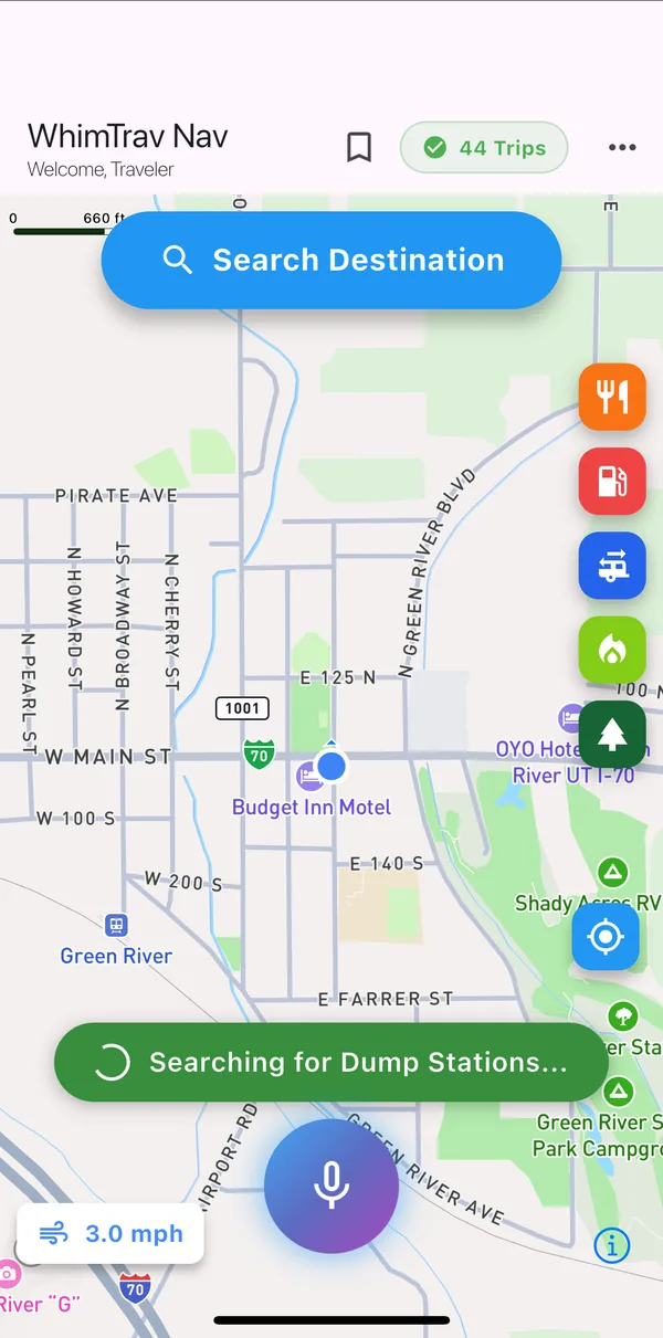 The map in Green River, Utah with a Searching for Dump Stations progress banner