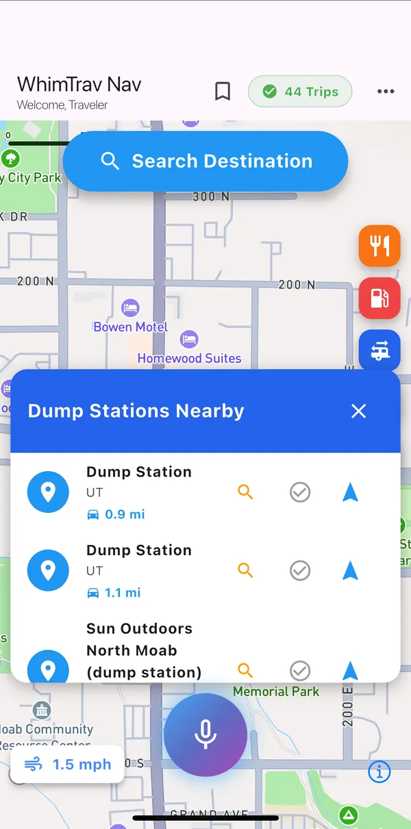 Dump Stations Nearby list with three results between 0.9 and 1.7 miles away