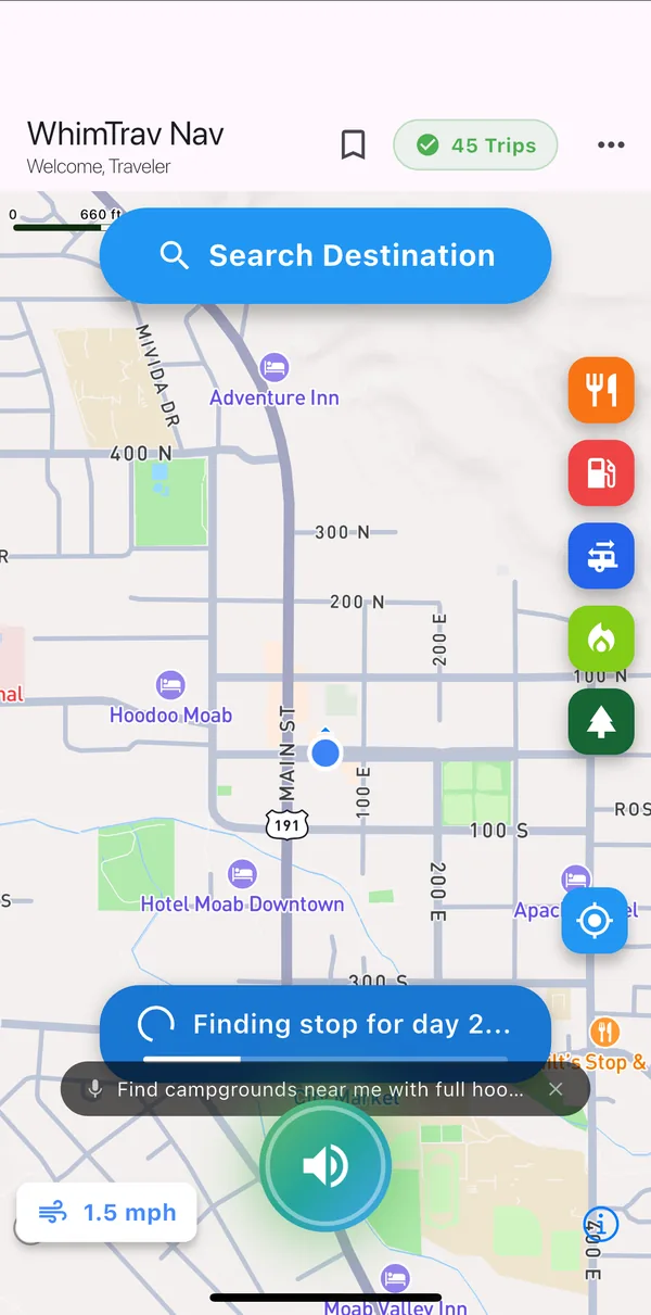 The AI trip planner working, with a Finding stop for day 2 progress banner over the map