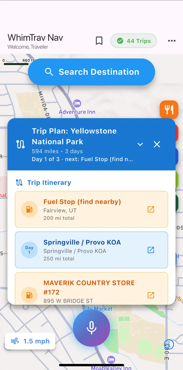 Trip Plan: Yellowstone National Park, 594 miles over 3 days, with an itinerary listing a fuel stop in Fairview, Utah and a KOA campground for night 1