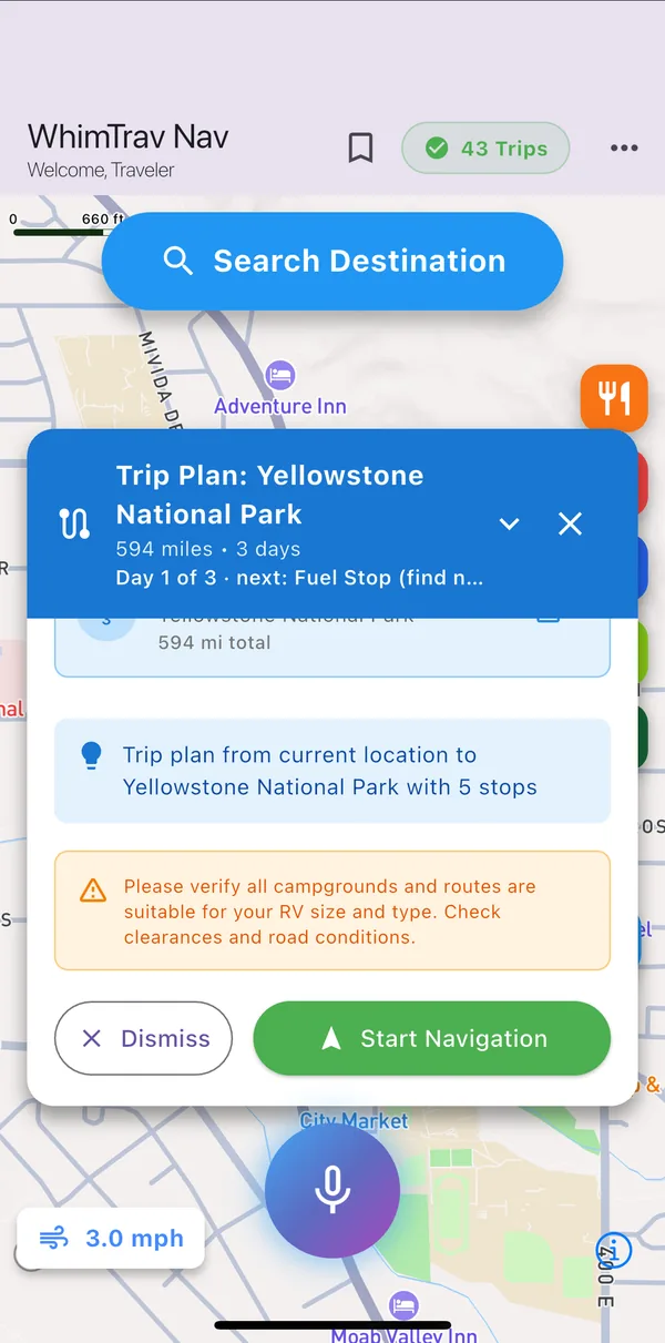 The end of the trip plan with a summary, a reminder to verify campgrounds and routes for your RV, and Dismiss and Start Navigation buttons